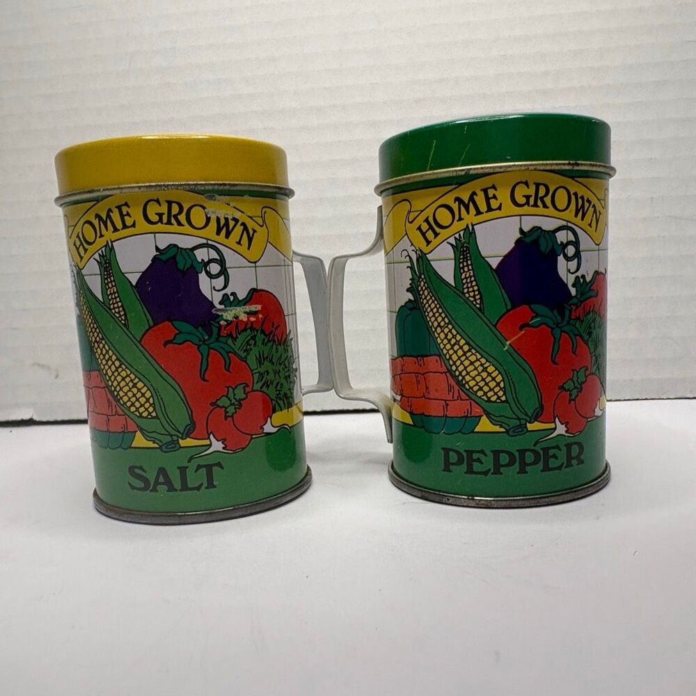 Vintage Tin Salt & Pepper Shakers Handled Farm Vegetable Garden Home Grown